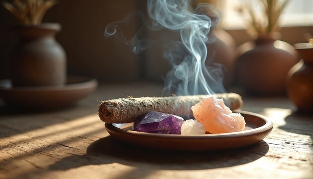 Burning sage stick with crystals on wooden table. White smoke rises from incense in spiritual cleansing ritual for meditation and well-being. Holistic therapy and natural healing.
