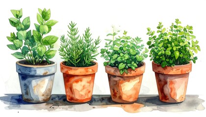 Fototapeta premium Watercolor illustration of four potted herbs, each with unique foliage and textures, arranged in a row with a subtle shadow beneath