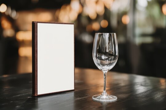 Empty wine glass and blank menu on a dark wooden table in a restaurant with bokeh lights.