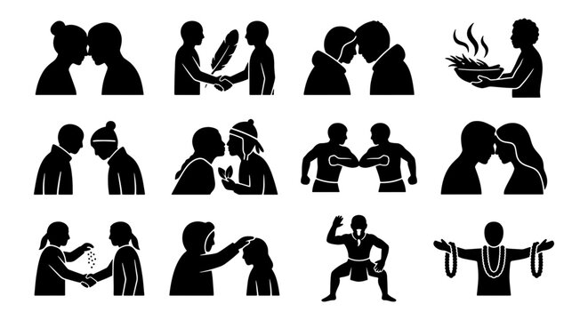 Maori culture icons set, indigenous New Zealand tradition symbols, 12 black vector silhouettes of tribal greetings and rituals for cultural education
