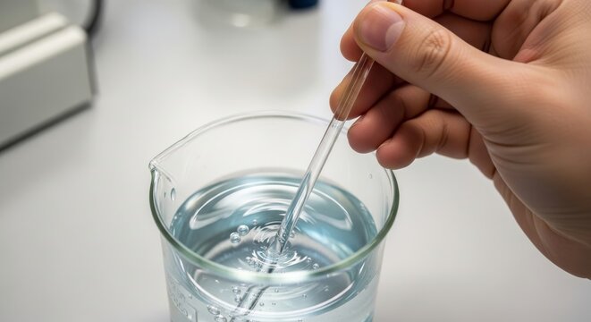 Hand mixing liquid in laboratory beaker with stirring rod