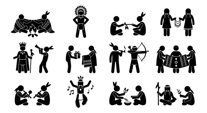 Indigenous American culture stick figure icons, Native American tribal life vector set, traditional ethnic ceremony and daily activity silhouettes