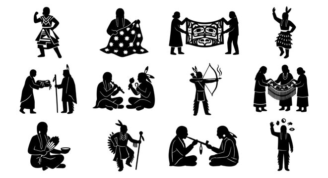Indigenous North American culture silhouettes, traditional tribal people activities vector set, ethnic folk life and heritage icons for history education