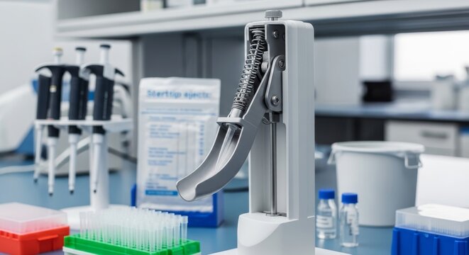 Laboratory pipette tip ejector mechanism in use