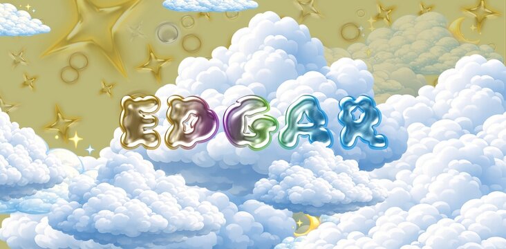 Edgar name. Colorful 3D Cloud Fantasy Background with Glossy Balloon Letters. Dreamy Sky, Stars and Soft Clouds Illustration.