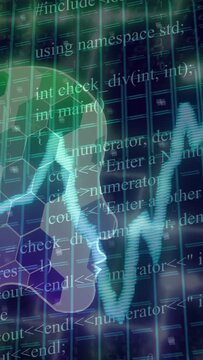 Vertical video: Brain pulsing as code fading in and causing ECG peaks, showing biomedical AI data