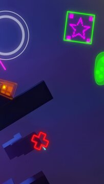 Pink controller drifting, camera rotating revealing sliding platforms to arrange gaming icons