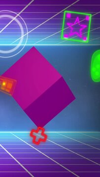 Vertical video: Neon ring pulsing, pink cube rotating drifting as pads orbiting to show retro vibe