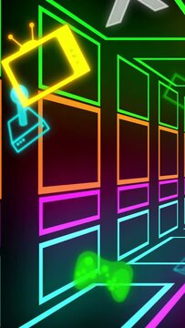 Vertical video: Neon corridor starting, framing gaming icons, TV  and  pad moving inward creating de