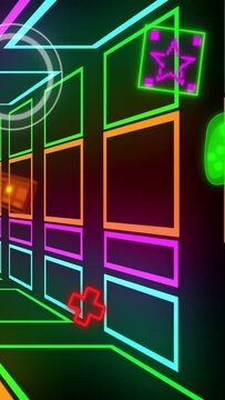 Vertical video: Neon corridor spawning icons at right, pulsing, drifting left, forming gaming loop