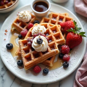 Golden brown waffles piled high with fresh berries and whipped cream. A sweet breakfast treat drizzled with syrup and dusted with powdered sugar, served on a white plate with a side of coffee.