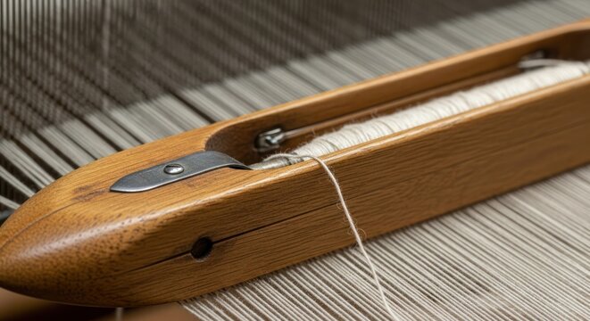 Weaving Shuttle on a Wooden Loom with Textile Threads in a Workshop