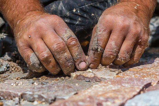 Close-up of weathered, dirt-covered hands carefully examining rough stone pieces outdoors.