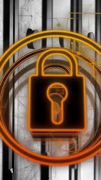 Vertical video: Startup padlock appearing on panel, pulsing neon rings and HUD signaling security
