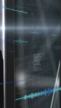 Vertical video: Mesh panel visualizing audio tech, showing rising blue waveform and angled streaks