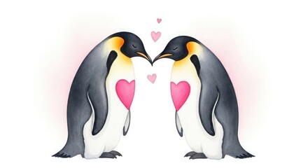 Fototapeta premium Emperor penguins affectionately touching beaks in a heart shaped illustration