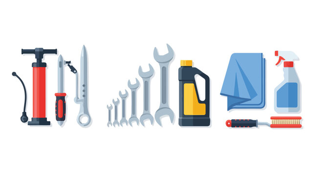 Flat lay of various car maintenance tools and supplies on a clean white background.