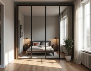 Fototapeta premium Mirrored wardrobe reflects modern bedroom with bed nightstands and window. Natural light floods wooden floor. Minimalist interior design has grey walls and white curtains.