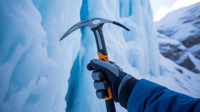Hand holding ice axe on frozen glacier for mountaineering adventure and extreme winter climbing concept