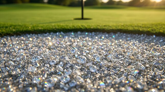 Macro of a golf bunker filled with crushed diamonds and crystals with a golf green background, luxury concept for ultimate wealth, premium sports branding, and high-end financial success metaphors.