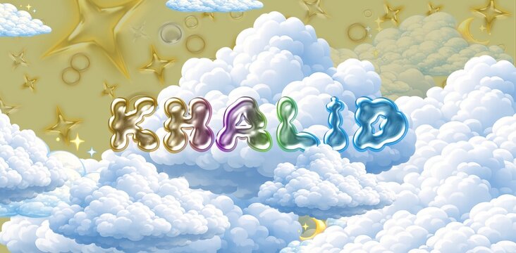 Khalid name. Colorful 3D Cloud Fantasy Background with Glossy Balloon Letters. Dreamy Sky, Stars and Soft Clouds Illustration.