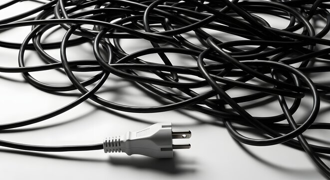 A tangled mess of black electrical wires with a white plug lying disconnected on a plain surface, symbolizing disarray and a lack of connection