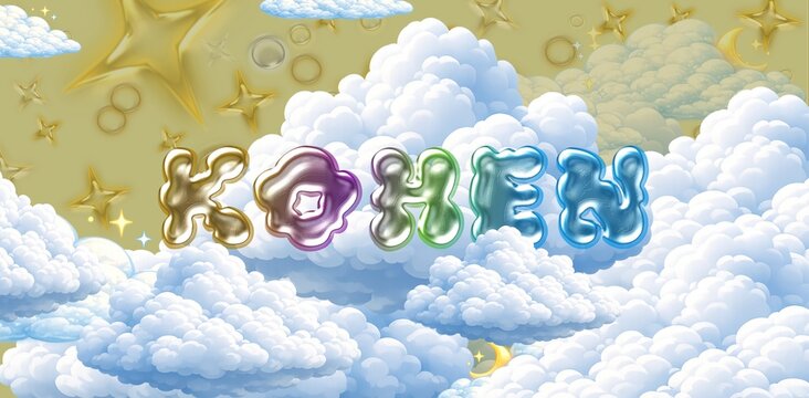 Kohen name. Colorful 3D Cloud Fantasy Background with Glossy Balloon Letters. Dreamy Sky, Stars and Soft Clouds Illustration.