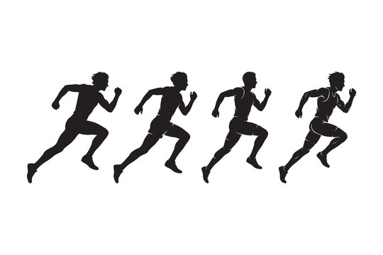 Four black silhouettes of men running in a row