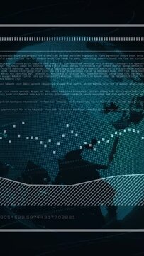 Vertical video: Dot matrix becoming teal globe, sending markers, scrolling text, tracing tech band