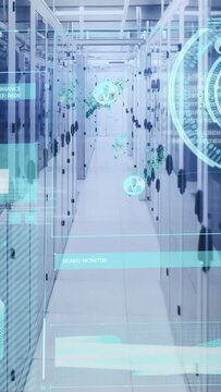 Vertical video: Data center aisle showing HUD scan emerging right, marking racks for signal check