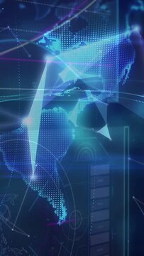 Vertical video: Nodes popping, triangles merging, map folding into holo globe showing global flow