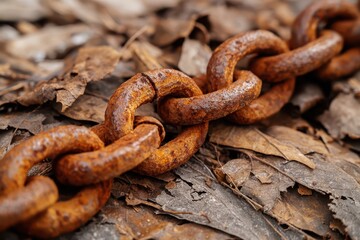 Fototapeta premium Close-up of a rusty metal chain lying on dry autumn leaves, symbolizing decay and the passage of time.