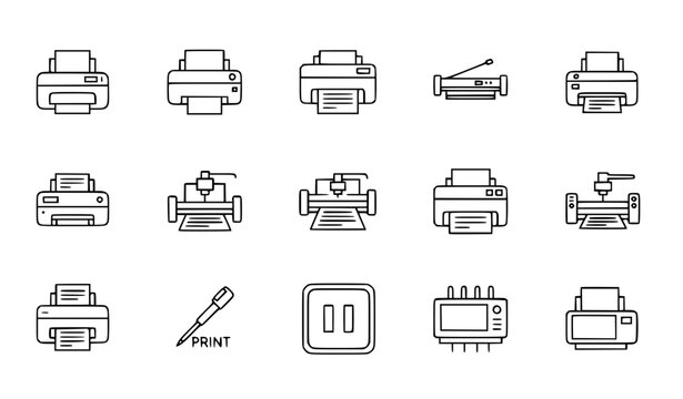 hotel icons set Printer line icon set large format plotter 3D printer print pause outline vector editable stroke