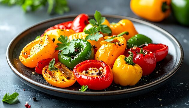 Plate of colorful baked mini bell peppers, halved and seasoned with herbs, served as a delicious appetizer or side dish