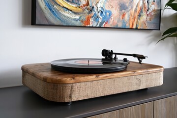 Obraz premium Vintage style record player with a spinning vinyl record and abstract art on the wall above.