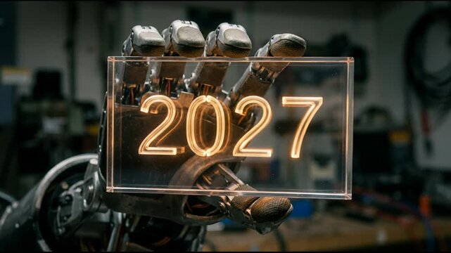 Robotic hand holding glowing glass plate with 2027 inscription. Metal cyborg arm showing year date for New Year celebration concept. Future technology display.