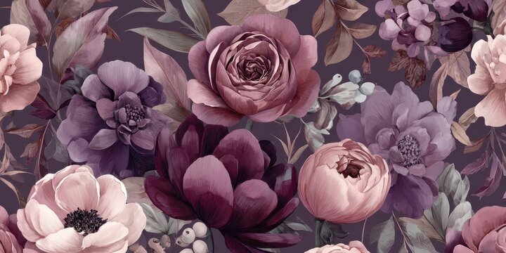 Seamless vintage botanical pattern Purple mauve and pink roses peonies and various flowers with leaves bloom on a dark