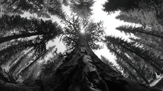 Dramatic low angle view of towering forest trees in black and white Sunlight filters through the dense canopy from above