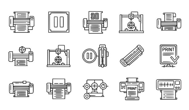 set of icons Printing workflow icons large format printer 3D printer plotter electronics outline vector line set