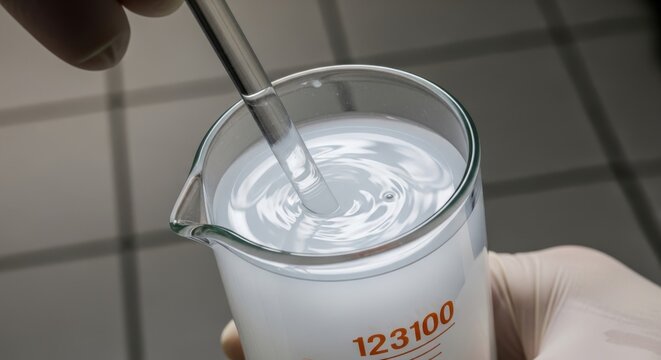 Stirring a cloudy liquid in a laboratory beaker