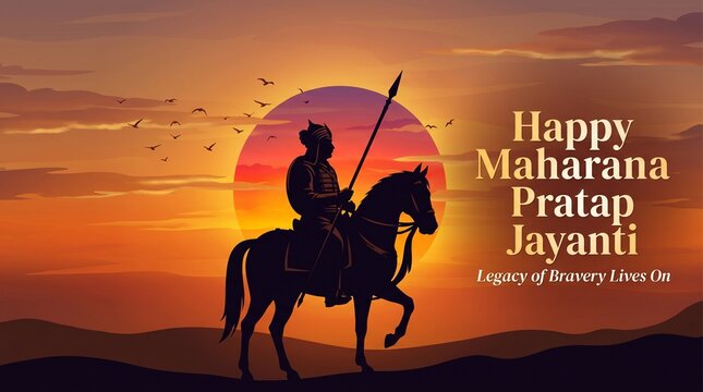 Maharana Pratap Jayanti silhouette of warrior king on horse with spear at glowing sunset sky for indian heritage celebration greeting banner design