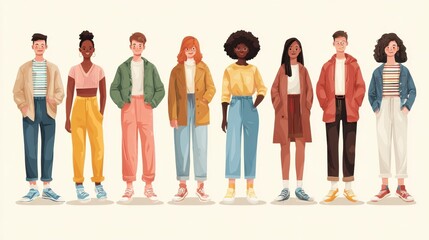 Fototapeta premium Eight diverse young adult characters standing in a row showcasing different ethnicities and modern casual fashion styles