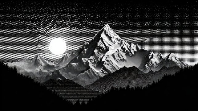 Stylized halftone landscape with jagged mountains silhouetted pine trees and a luminous dot pattern sun in a dark sky