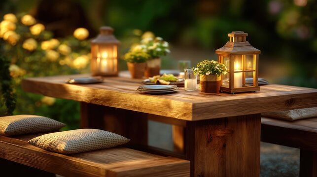 Cozy outdoor dining setup with lanterns, flowers, and inviting table setting in a garden ambiance at sunset