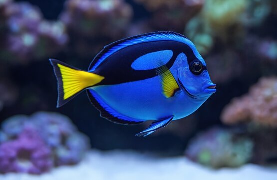 Vivid blue fish swims near colorful coral reef. This tropical sea creature has bright yellow tail fins and dark markings. Underwater ocean life explores marine environment.