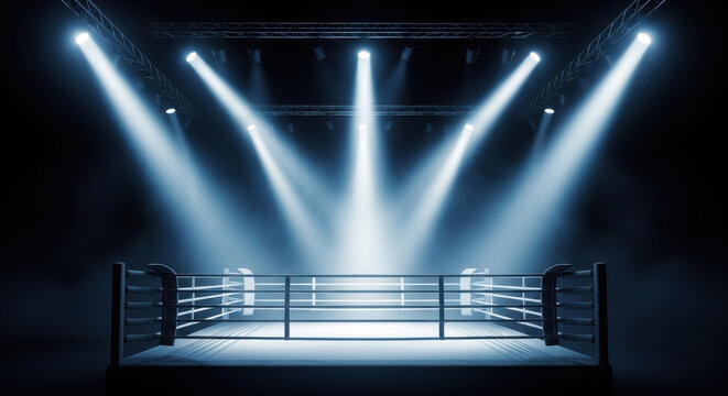 empty boxing ring with spotlight beams in dark arena