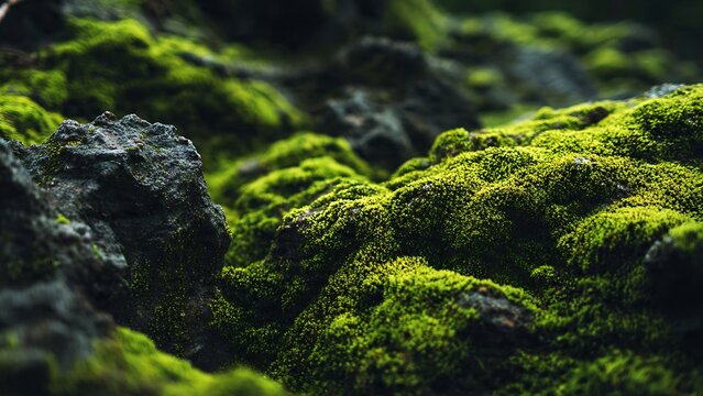 Moss covered rocks in forest environment.