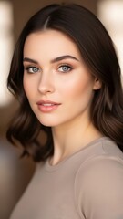 Fototapeta premium Beautiful Young Woman with Expressive Eyes and Wavy Brown Hair.