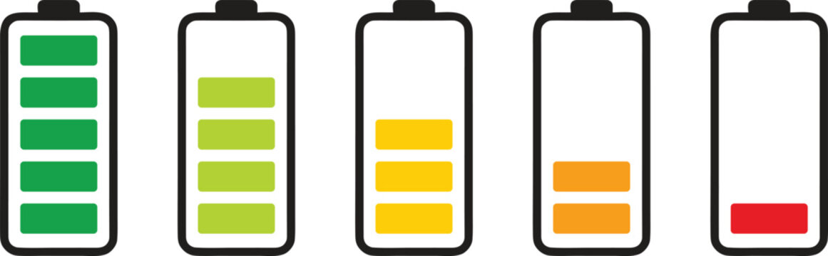 Battery level indicator set showing charge stages from full to empty with colorful status bars. Clean modern energy icons for mobile apps, power management, charging status and UI design.