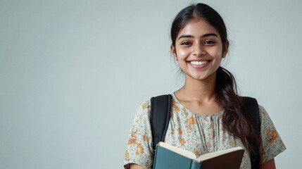 Obraz premium Smiling young Indian woman with backpack holding book, ready for education and learning